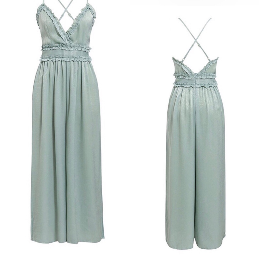 Chic Wide leg pants green ruffled jumpsuit summer - Picture 2 of 6